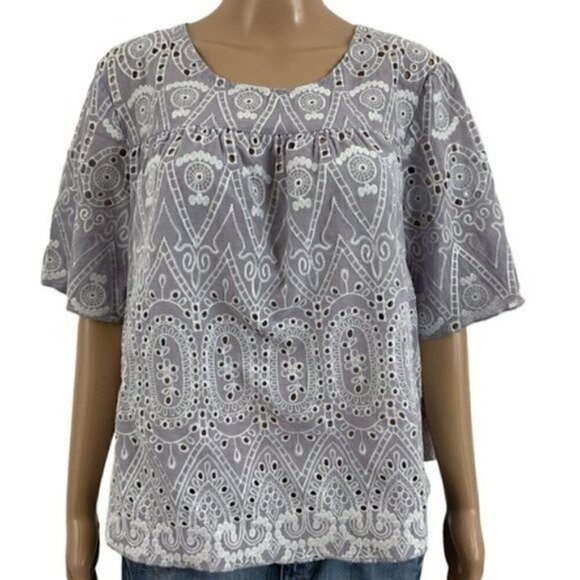 KAKTUS Embroidered boho lavender blouse side XL short sleeve keyhole button back - Picture 1 of 9